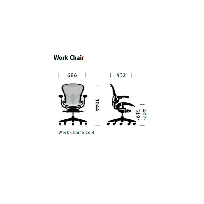 Herman Miller Aeron työtuolin B-koko, mitat.