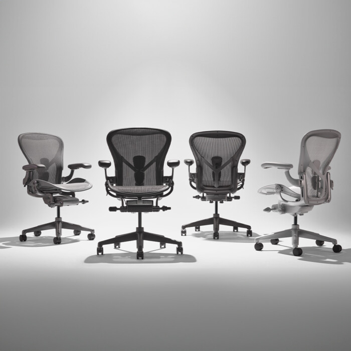 Herman Miller Aeron työtuolien värit, Carbon, Graphite, Onyx ja Mineral.